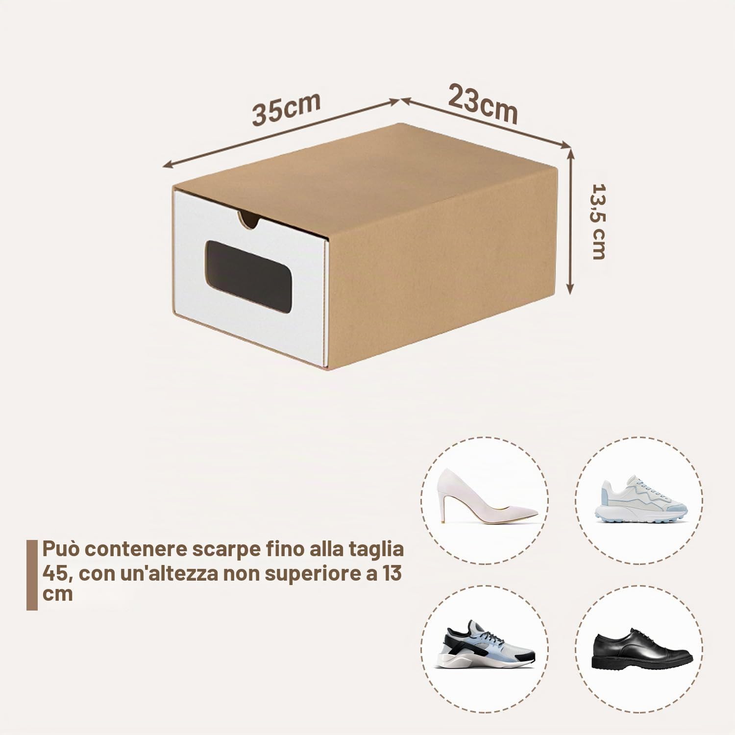 20 x portascarpe bianco/marrone con finestra – Scatola pieghevole 35 x 23 x 13,5 cm, impilabile, scatola per scarpe, cassetto, scatola multiuso in cartone kraft fino a 45