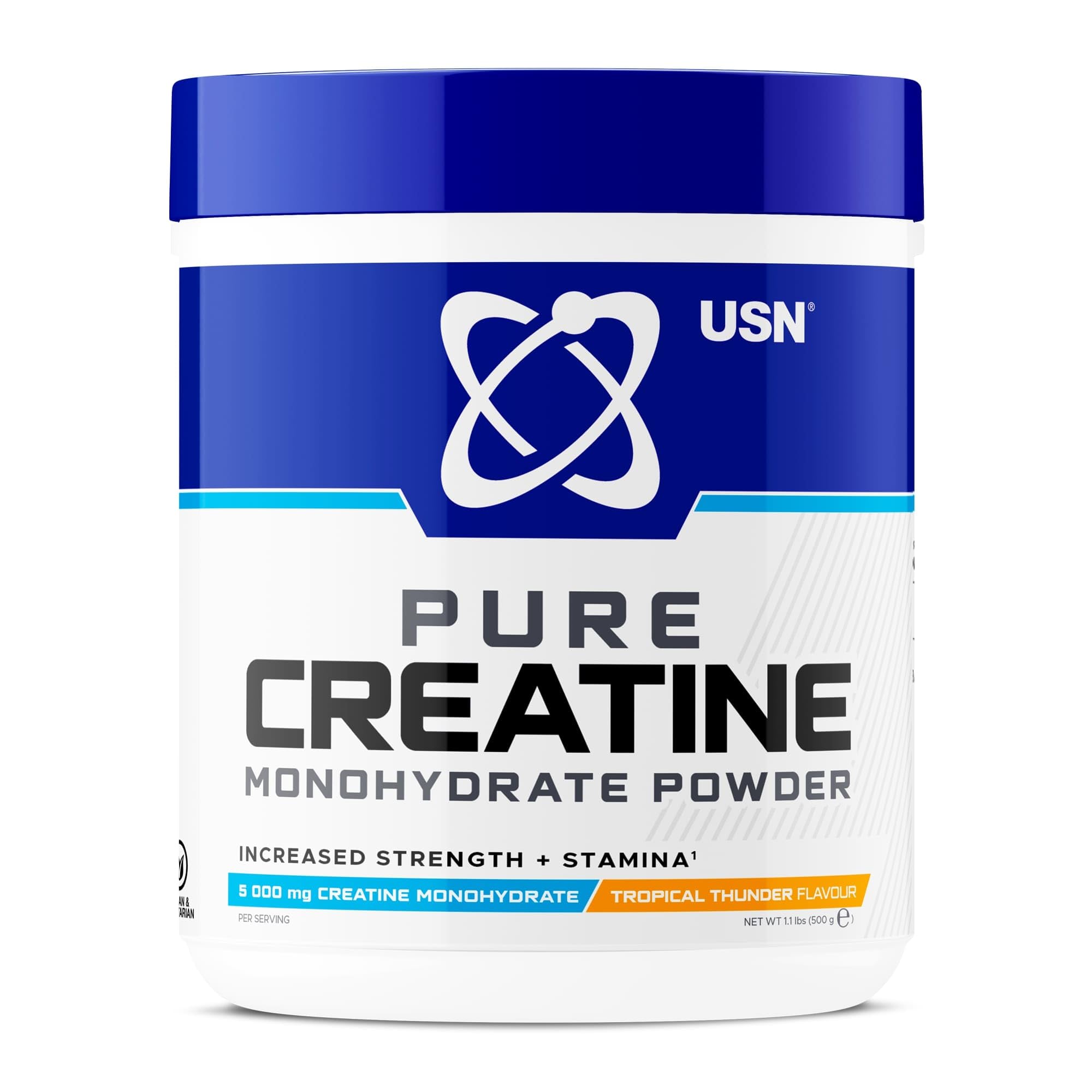 USNMicronised Creatine Powder 500g (79 Servings): Tropical Thunder Flavour, 100% Pure Creatine Monohydrate Powder for Performance and Muscle Recovery, Suitable for Vegans