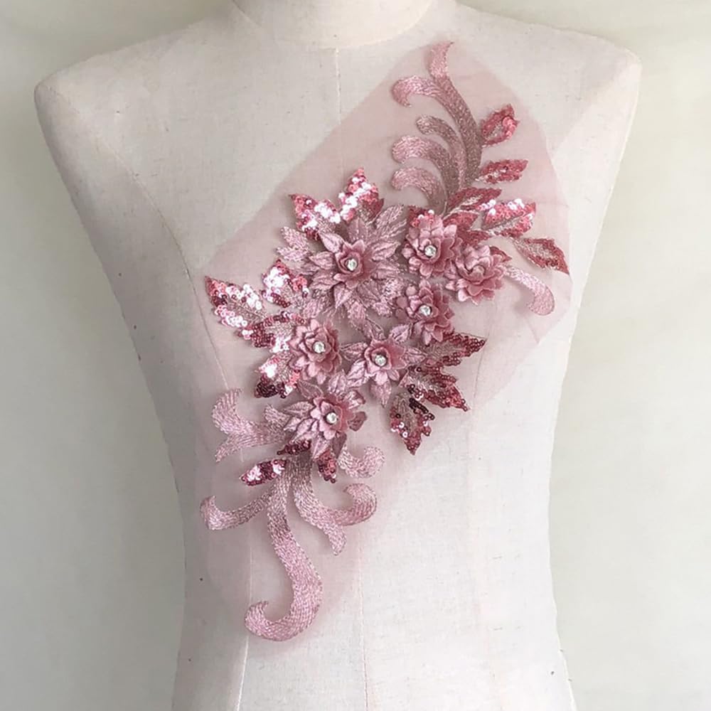 S.A.V.I 3D Floral Applique Patch – Dusty Rose Pink | Embroidered Lace Mesh with Beads & Sequins | 15.3x7.5 in for Bridal, Lehenga, Saree, Blouse, Gown, Dress, DIY Craft & Sewing Accessories-picture-10
