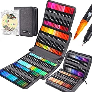 LANRENWENG 120 Colors Dual Tip Brush Pens Fineliners Art Markers, Watercolor Marker and Highlighters with Canvas Bag for Adult Coloring Books Drawing Sketching Bullet Journal Calligraphy
