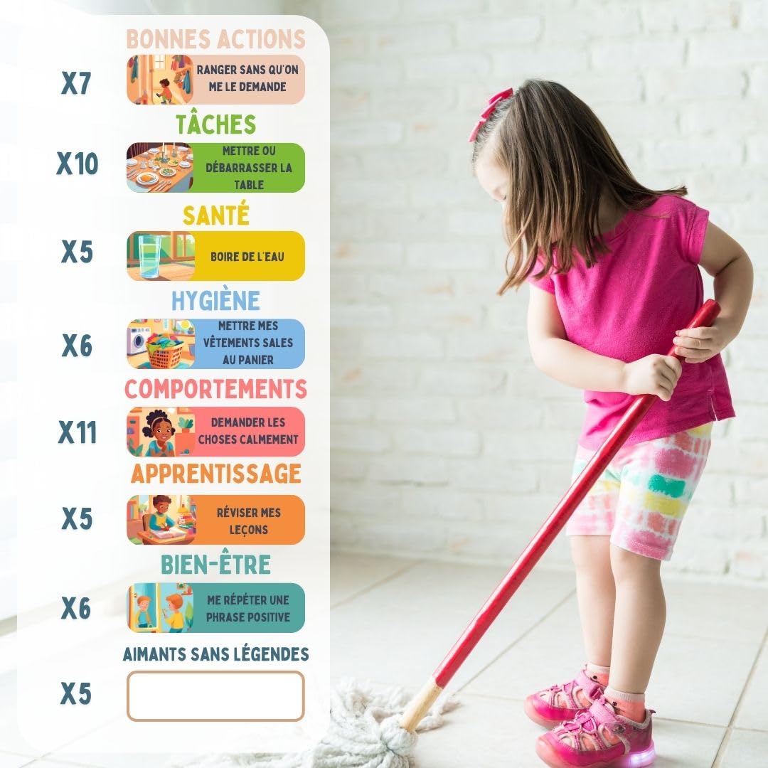 Tableau de Récompense Magnétique pour Enfants – Planificateur Hebdomadaire et Quotidien avec Aimants Illustrés et Smiley –Organisation, Autonomie, Comportements Positifs –Fixation Frigo ou Mur