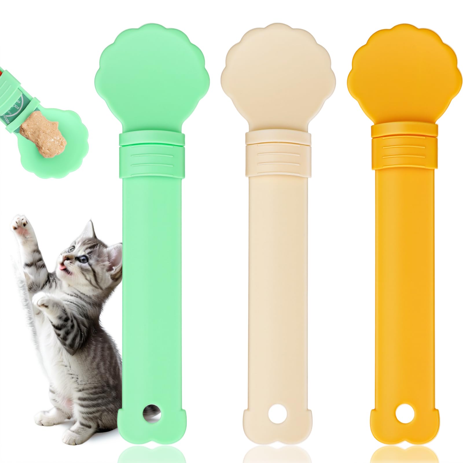 3 PCS Cat Treat Spoon, Multifunctional Lickable Cat Treat Spoon Squeeze for Easy Feeding, No Mess Cats Treats Feeder for Licky Treats & Wet Food, Anti-Bite, Prevents Waste (Orange, Green, Beige)