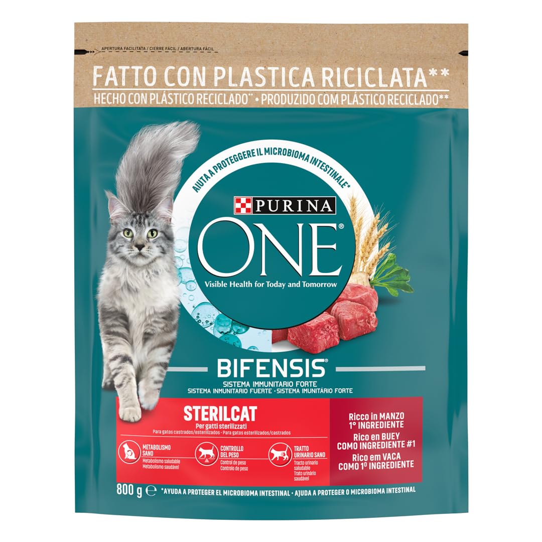 Purina ONE Bifensis Comida Pienso para gato Esterilizado Adulto Buey y Trigo, 8 bolsas de 800g
