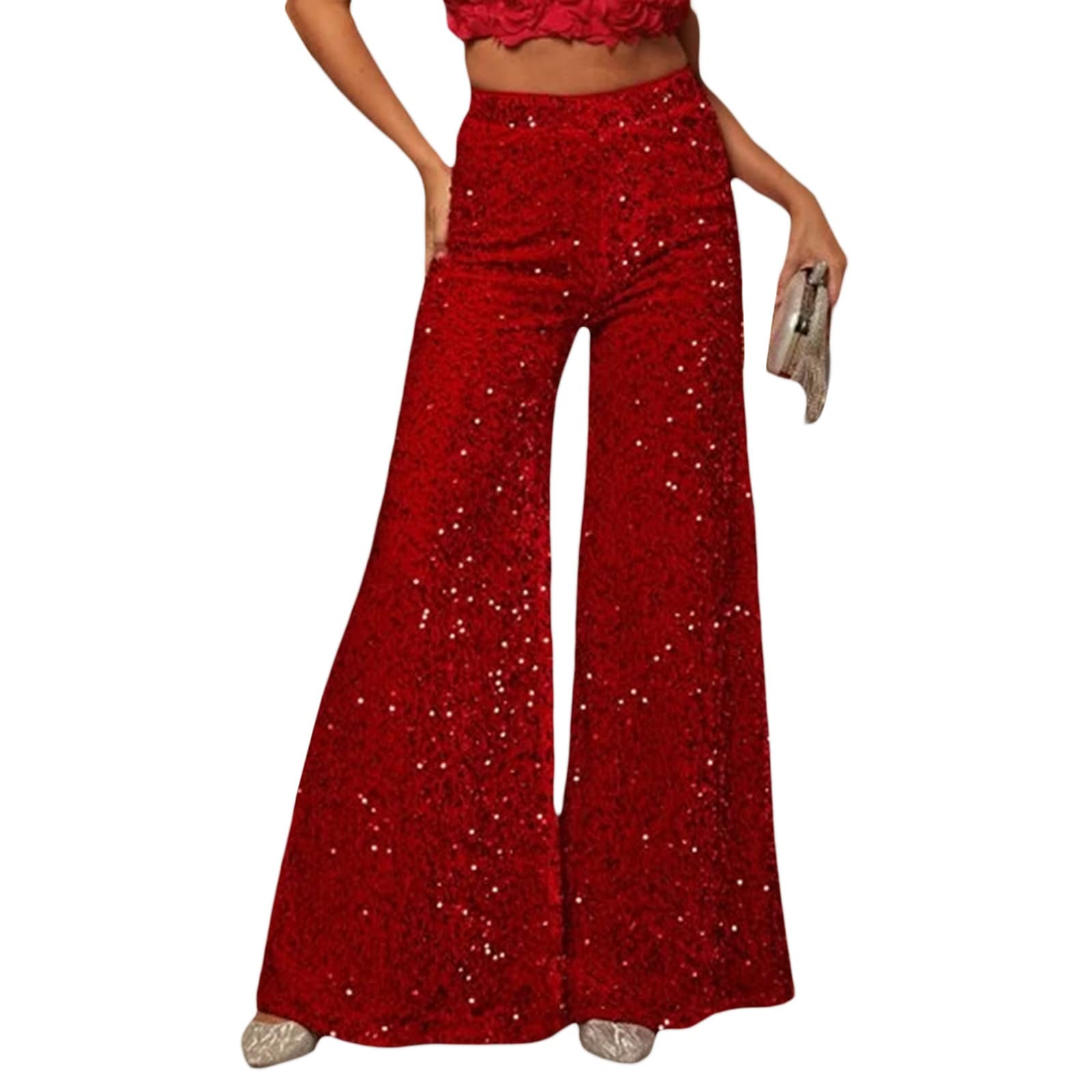 Women Sparkly Sequin Pants Glitter High Waist Wide Leg Trousers Flare Bell Bottom Night Out Party Shiny Clubwear