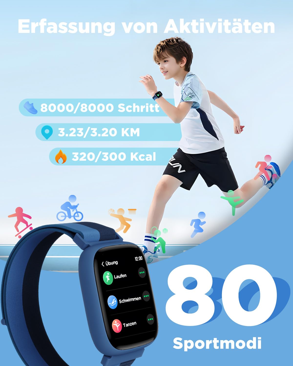 BIGGERFIVE Smartwatch Kinder 1,8" Fitness Uhr Schrittzähler 24/7 Puls IP68 Wasserdicht Schlafmonitor Wecker 5 Puzzlespiele Fitness Tracker Mädchen Jungen Teens 5-16 Nylon