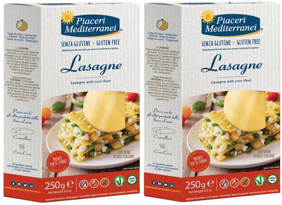 Piaceri Mediterranei Lasaña de Maíz Sin Gluten Pack 2x250g Placas Veganas Pasta para Lasaña 100% Maíz Textura Firme Apta para Celíacos
