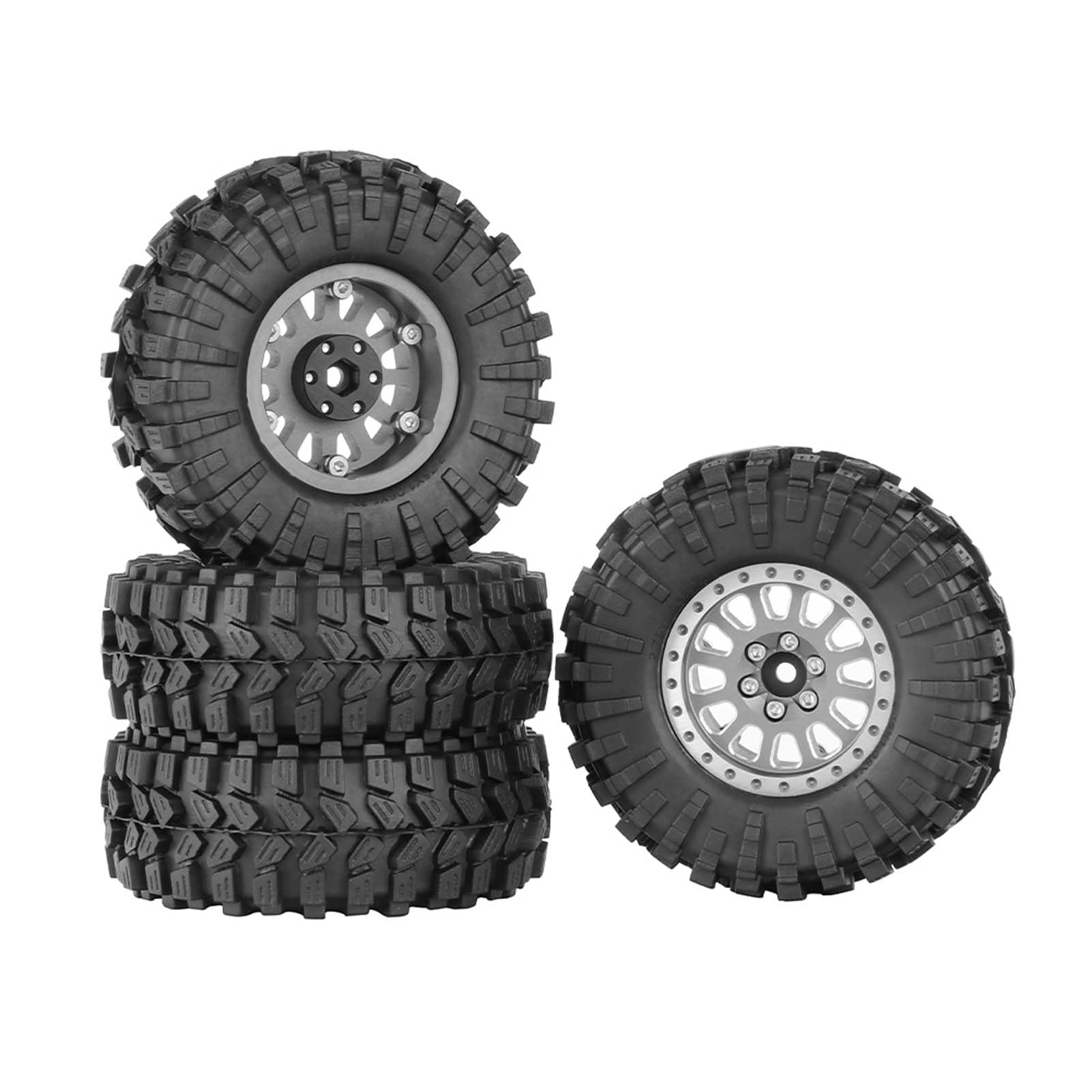 KEEDA 1.33” All-Terrain Tire and Wheel Set - Alloy Beadlock Wheels & Tyres with 5mm & 7mm Hex for 1/12 1/14 1/18 1/24 RC Crawler (B, Gray)