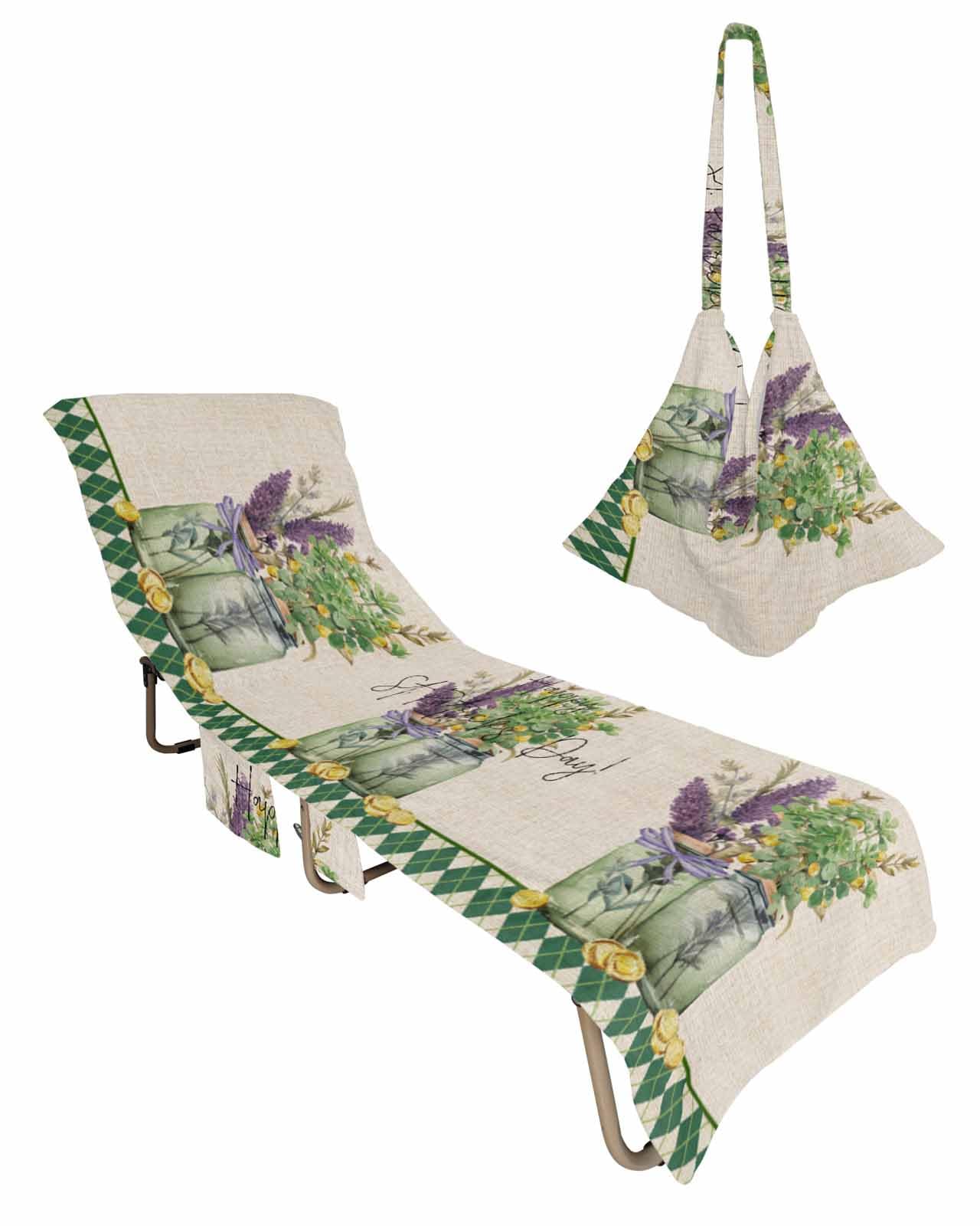 St. Patrick's Day Beach Chair Towel Covers for Chaise Lounge with Side Pocket, Soft Plush Pool Towels Cover for Patio Sunbathing Outdoor 29''x85'' Retro Vase Lavender Eucalyptus Flower Plaid