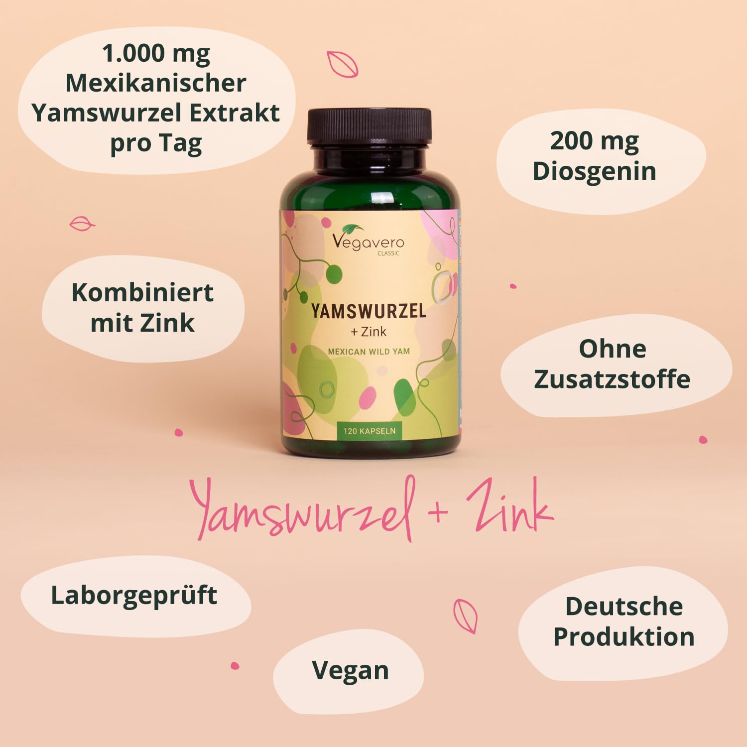 Vegavero Yamswurzel Kapseln hochdosiert 120 Stück - 1000 mg Wild Yam Extrakt 20:1 mit 20% Diosgenin & Zink - Dioscorea villosa hochdosiert - Vegan, ohne Zusatzstoffe