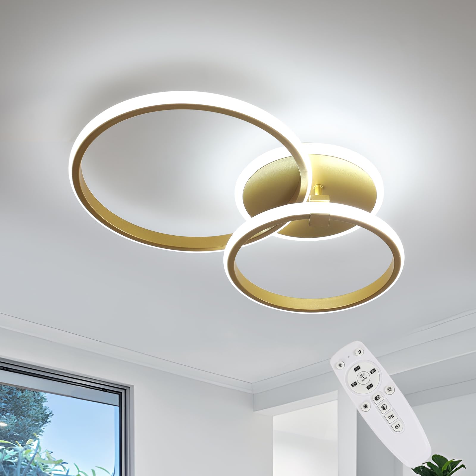 Riserva LED Ring Deckenleuchte Dimmbar, 42W Deckenlampe LED Rund mit Fernbedienung, 3000-6500K, Gold Deckenbeleuchtung Modern für Wohnzimmer, Schlafzimmer, Esszimmer, Korridor, Balkon