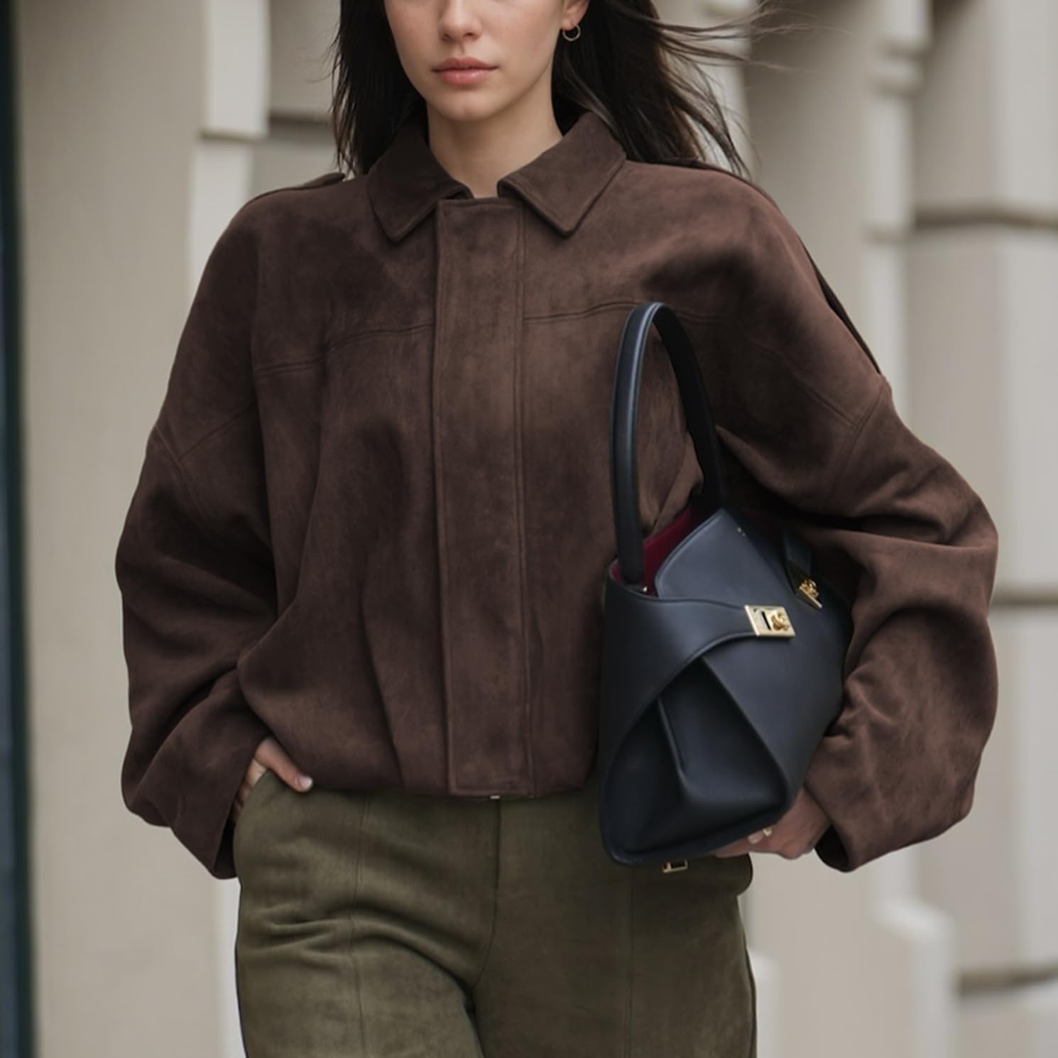 Talakeno Womens Faux Suede Bomber Jacket Casual Lightweight Batwing Long Sleeve Oversized Coat Streetwear Outfits - Image 2