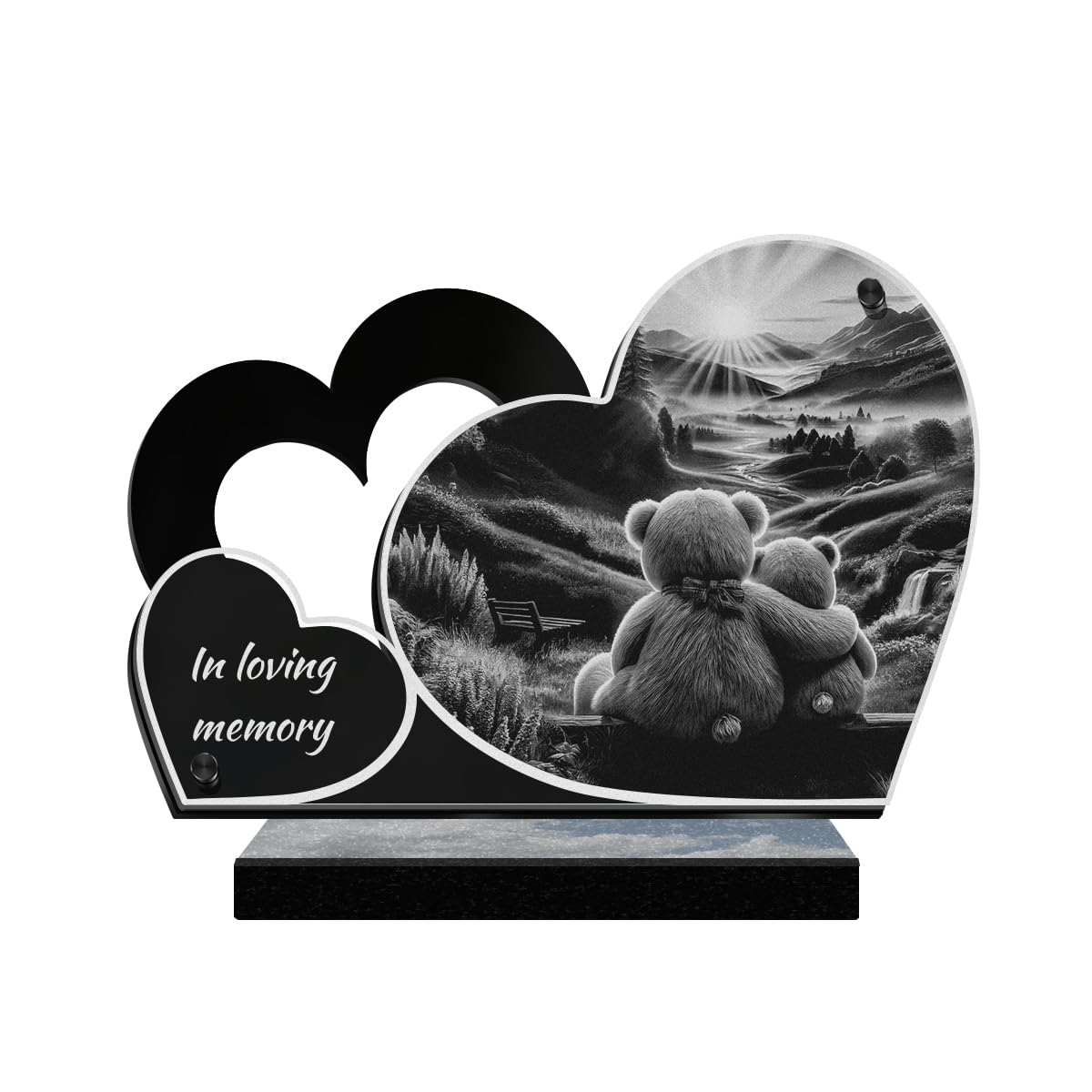 ETERNEL - Personalized Double Heart Memorial Plaque - Teddy Bears, Child, Baby, Plush - Customizable text, laser-engraved memorial plaque for tribute, tombstone, cemetery, mourning ceremony