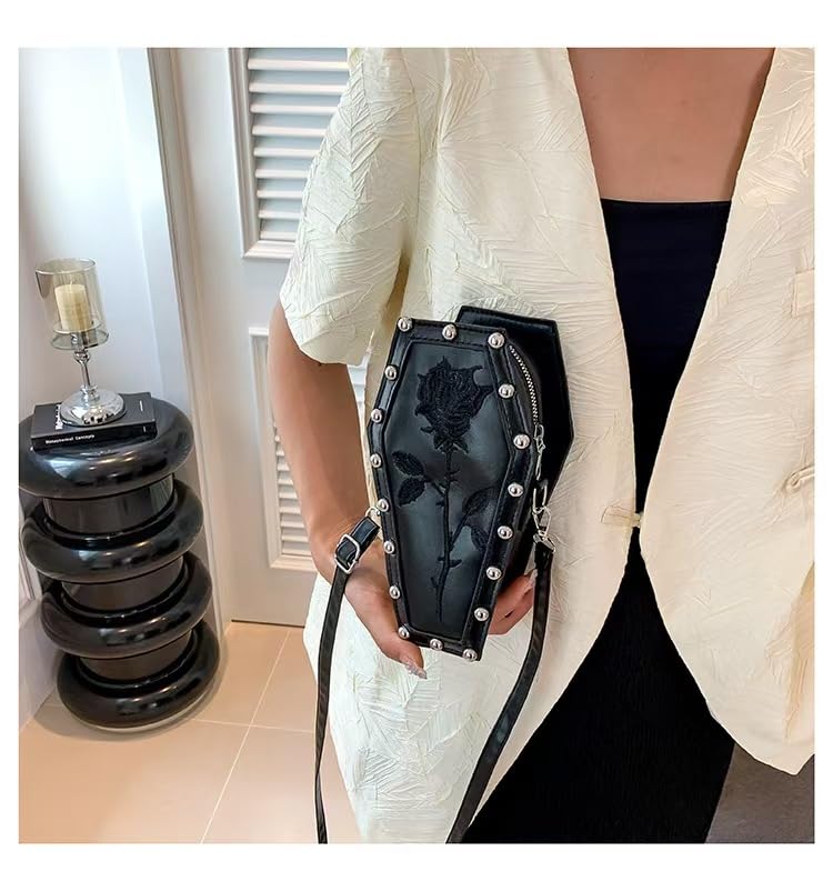 Womens Novelty Coffin Shape Shoulder Bag Halloween Vintage Gothic Embroidery Rose Crossbody Bag Alt Emo Small Purse (Black)2