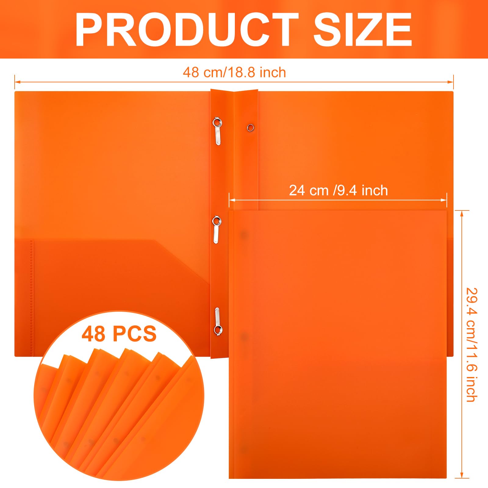 Patelai Lot de 48 dossiers en plastique avec poches, 2 pochettes robustes avec 3 broches et attaches pour l'école et le bureau (orange)