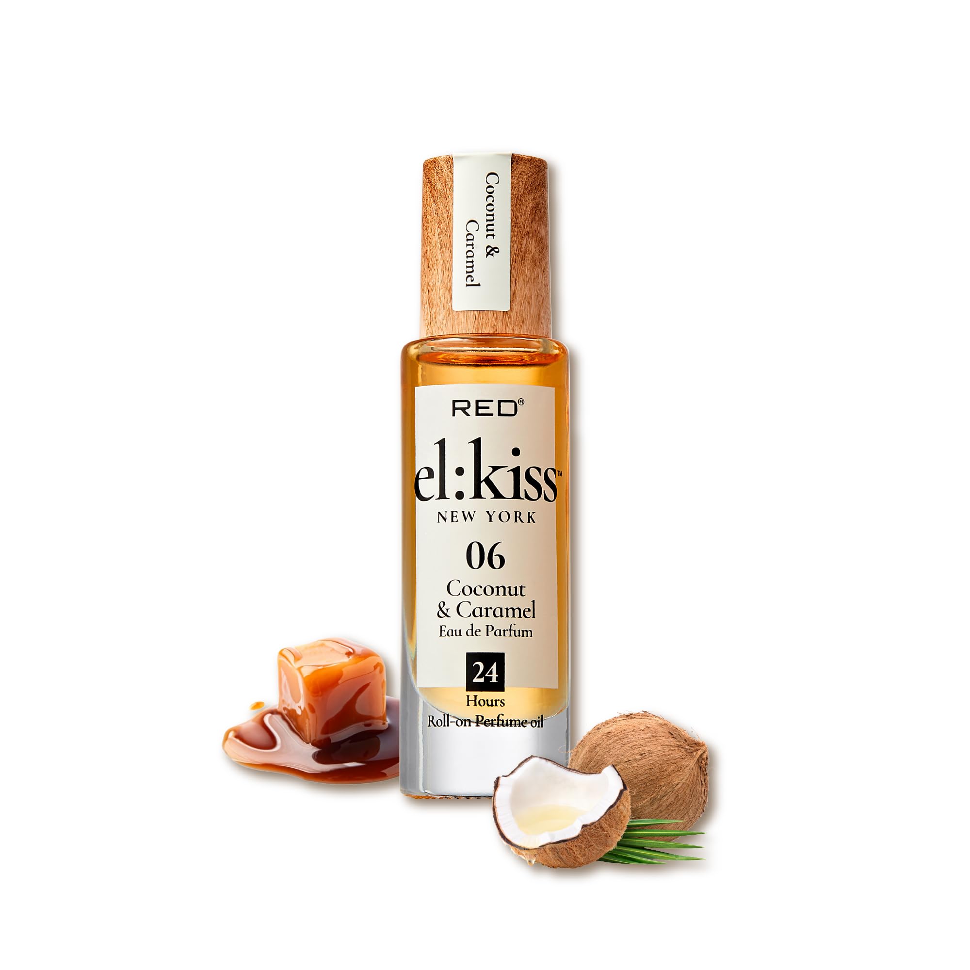 EL:KISS Roll On Perfume, Coconut & Caramel Eau de Parfum 12mL (.40 Fl Oz), Hydrating & Long-Lasting, Alcohol-Free & Mineral Oil-Free, Infused with