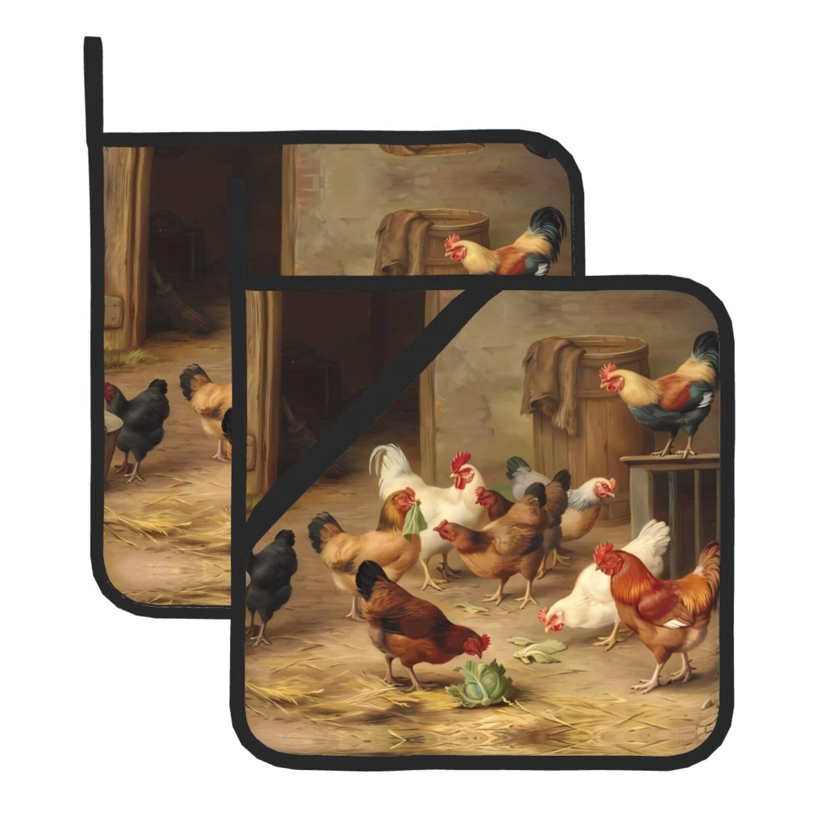 YYHHAOFA Farm Chickens Prints Square Hot Pot Pads - Waterproof Kitchen Throw Layers for Countertop, Oven & Grill - Durable Heat Resistant Pads with Hanging Loop (2-Pack)