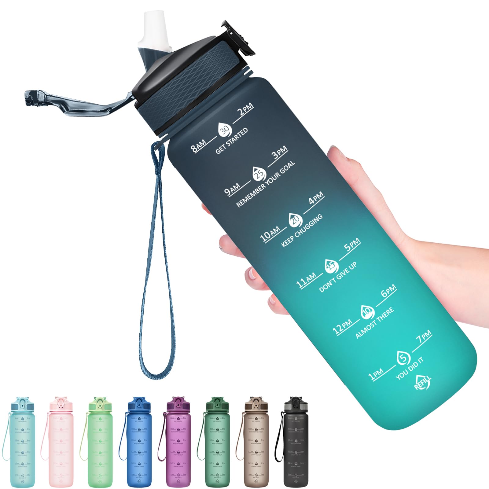 Hyeta Plastic Water Bottle With Straw & Time Marker, 32oz Leakproof Jug — image 1