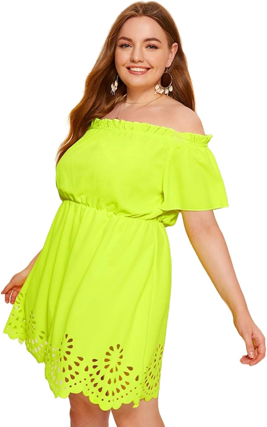 Romwe Women's Plus Size Off The Shoulder Hollowed Out Scallop Hem Party Short Dresses Neon 3X