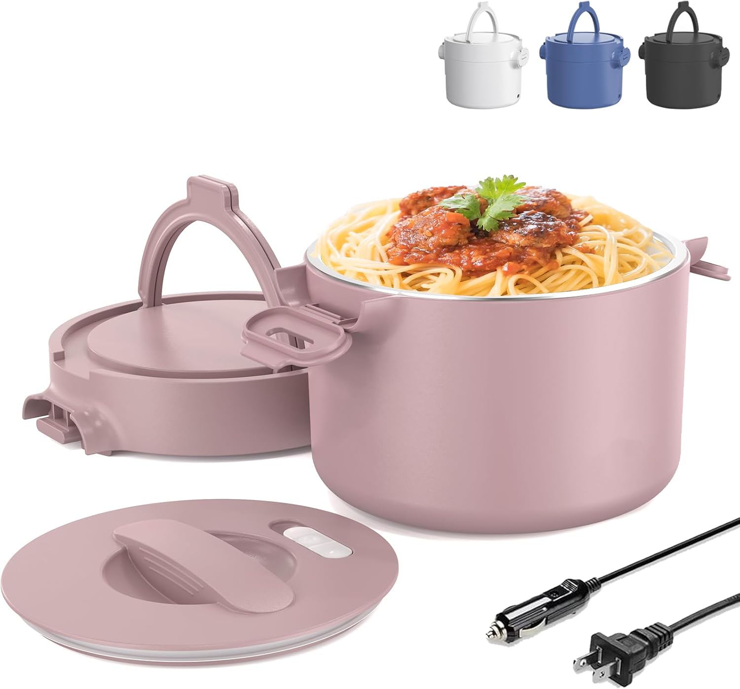 Electric Lunch Box, Portable Food Warmer for Car, Truck, Office, 12V 24V 110V Adapter, Leak Proof, 304 Stainless Steel Container, SS fork & Spoon and Carry Bag (Pink)