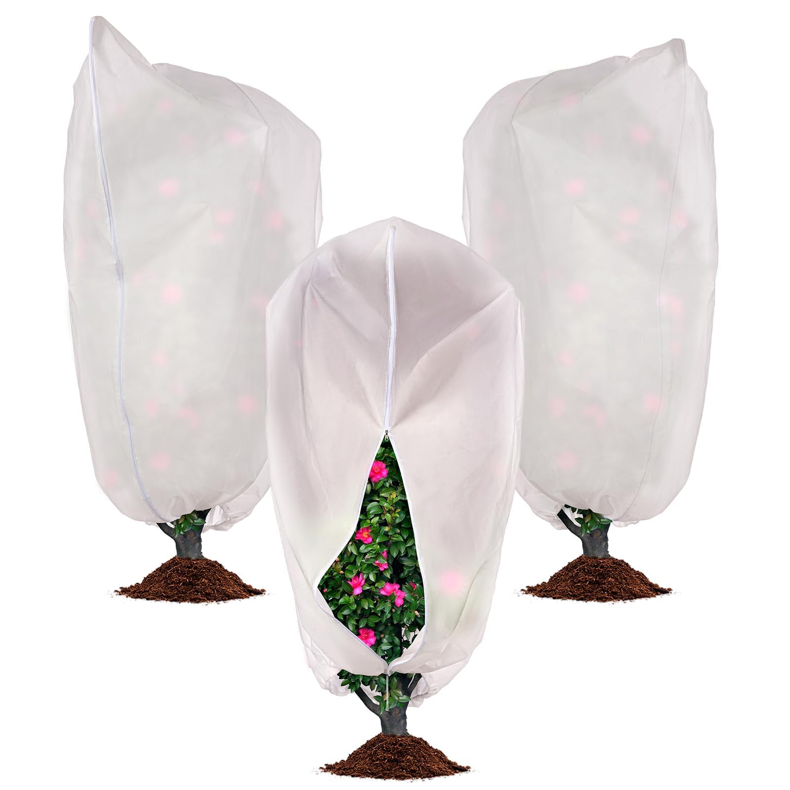 YEENAIV 3 Pack Winter Plant Large Covers Freece Protection, Reusable Outdoor Plant Blankets Frost Protection for Plants, Horticultural Fleece Jacket with Zipper Drawstring for Plants 70.8" x 62"