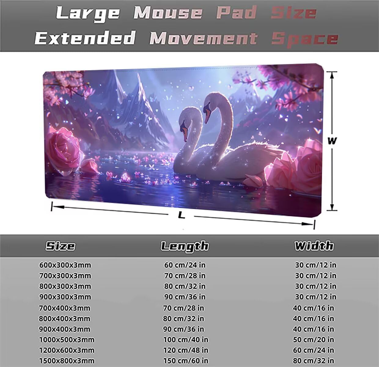 Gamingowa podkładka pod mysz z motywem łabędzi, podkładka pod mysz XXL 1200 x 600 x 3 mm, odporna na warunki atmosferyczne, antypoślizgowa podkładka na biurko, poprawia precyzję i prędkość, akcesoria