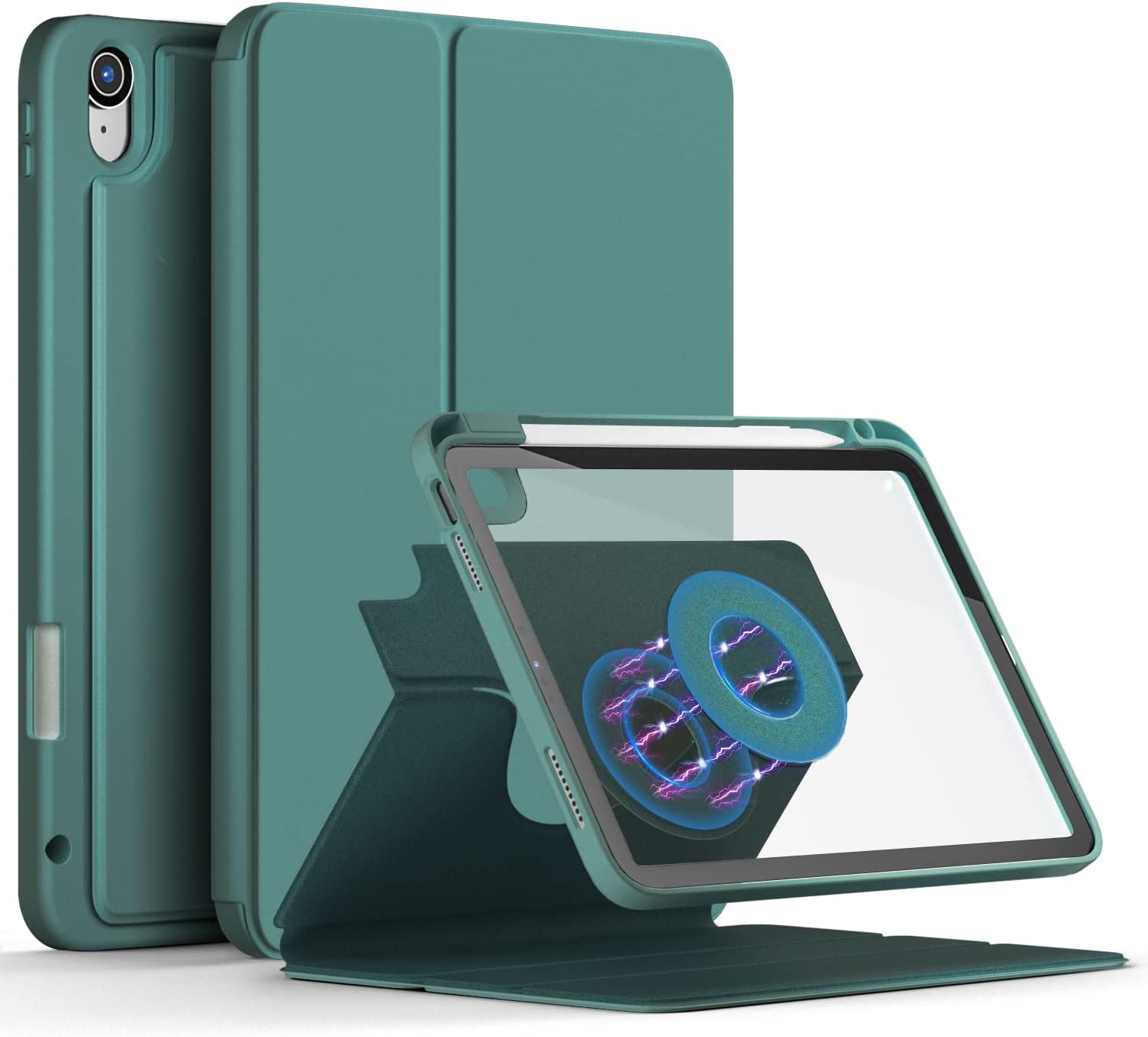 Case for iPad A16 11th Generation 11 inch 2025, iPad 10th Generation 10.9 Inch 2022 with Built-in Pencil Holder Cover with Detachable Clear Back Shell A2696 A2757 Auto Wake/Sleep,Dark Green