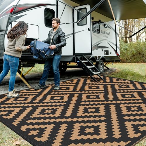 Image of GENIMO Outdoor Rug, Waterproof Plastic Rugs for Patio, 10'x10' Black Brown | Outside Larger Modern Carpet Mat for Porch Decor, Deck, Camping, RV, Backyard, Balcony, Picnic, Beach, Reversible, Foldable