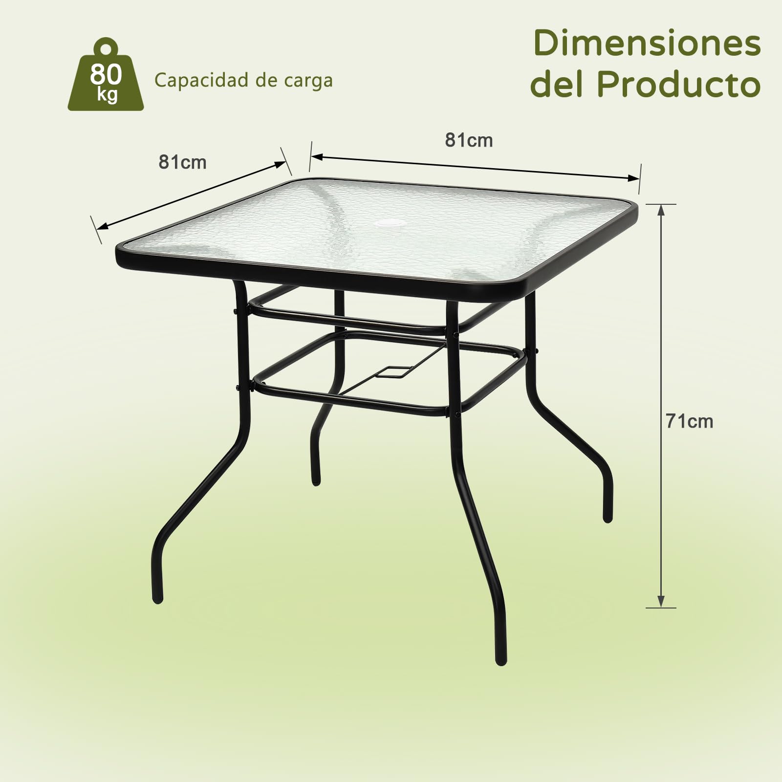 RELAX4LIFE Mesa Auxiliar de Vidrio Templado y Marco de Metal con Agujero para Sombrilla Ø33mm, Mesa Exterior para Jardín, Balcón, Terraza y Bistro, Carga 80 kg, 81x81x71cm (Cuadrado)