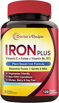 Doctor's Recipes Iron Supplement for Women Men - Gentle Iron Bisglycinate with Vitamin C, B6, Folate & B12 - Non-Constipating & Stomach Friendly Iron Pills, 120 Vegan Caps