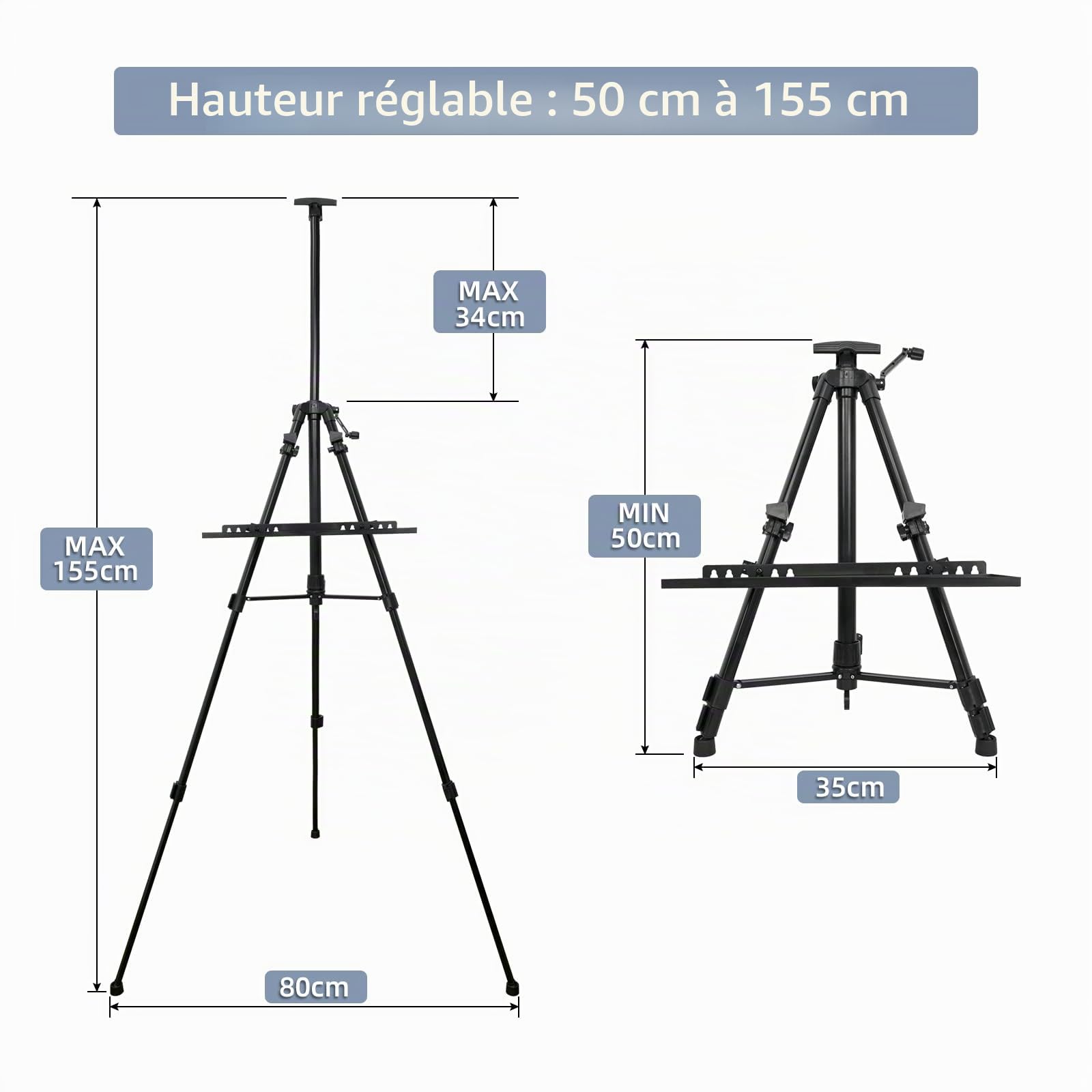 Chevalet pour Peindre des Toiles, 50 à 155 cm, pour Peinture et Présentation - Trépied Réglable en Hauteur en Aluminium avec Sac Portable/Support Pliable (Noir)