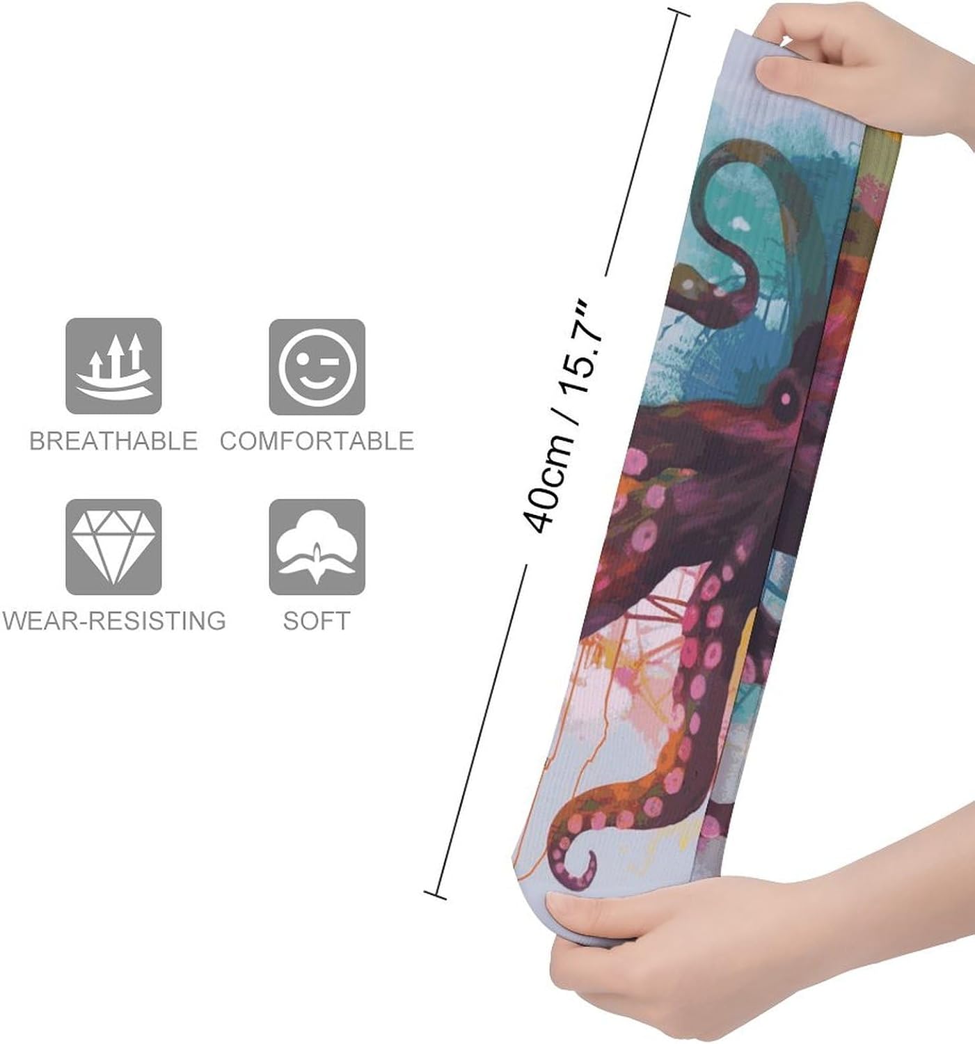 Breathable Crew Sock, Moisture Wicking, Athletic Calf Socks, Cozy | Abstract Colorful Octopus Compression Socks for Women Men, Lightweight High Work Socks for Business, Casual