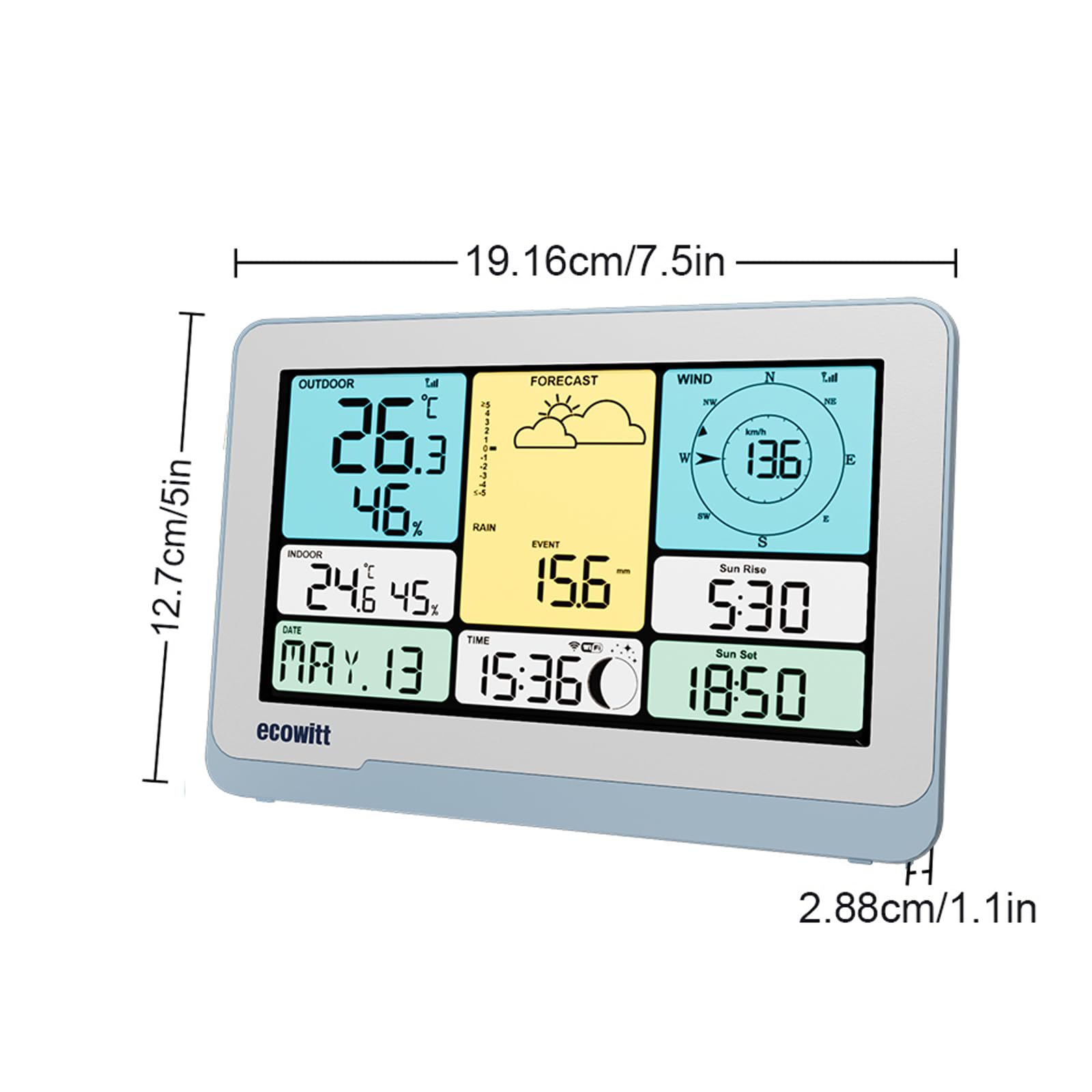 ECOWITT Console WS3820_C per stazione meteo, display LCD a colori domestico da 7,5 pollici, sensori interni 3 in 1 integrati, coppia con WS69/WS90/WS85, controllo intelligente del collegamento IoT