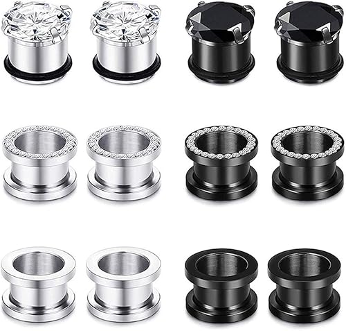 Longbeauty 12 piezas de espléndidos túneles de circonita cúbica 316L de acero inoxidable, calibradores para oreja, tapones de arete para orejas, con