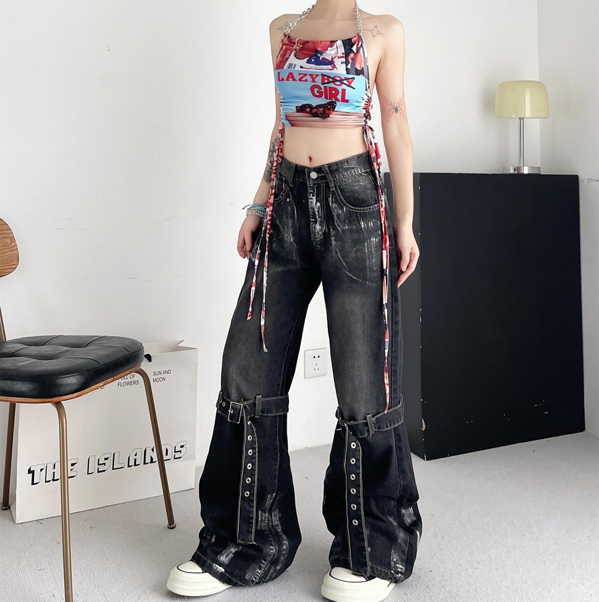 Fashion High Waist Straight Baggy Jeans for Women Vintage Gothic Leg Drawstring Y2K Scrawl Denim Pants - Image 7