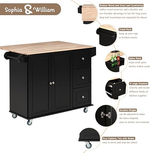 Miniatura 5 de Sophia &amp; William Carrito de isla de cocina con ruedas con hoja de caída y parte superior de madera de goma, carrito de cocina con ruedas con armario