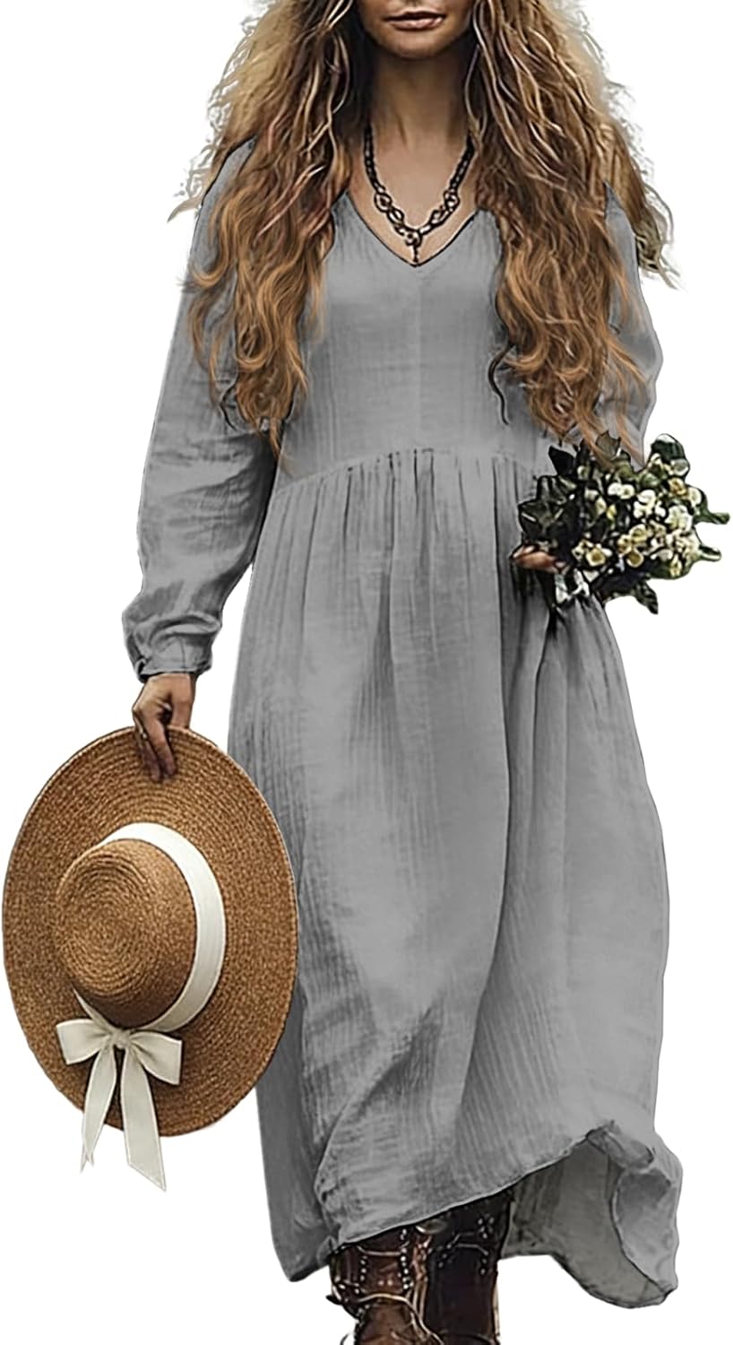 Women's Boho Floral Maxi Dress Long Elastic Cuff Sleeve V-Neck Flowy Loose Fit Soft...