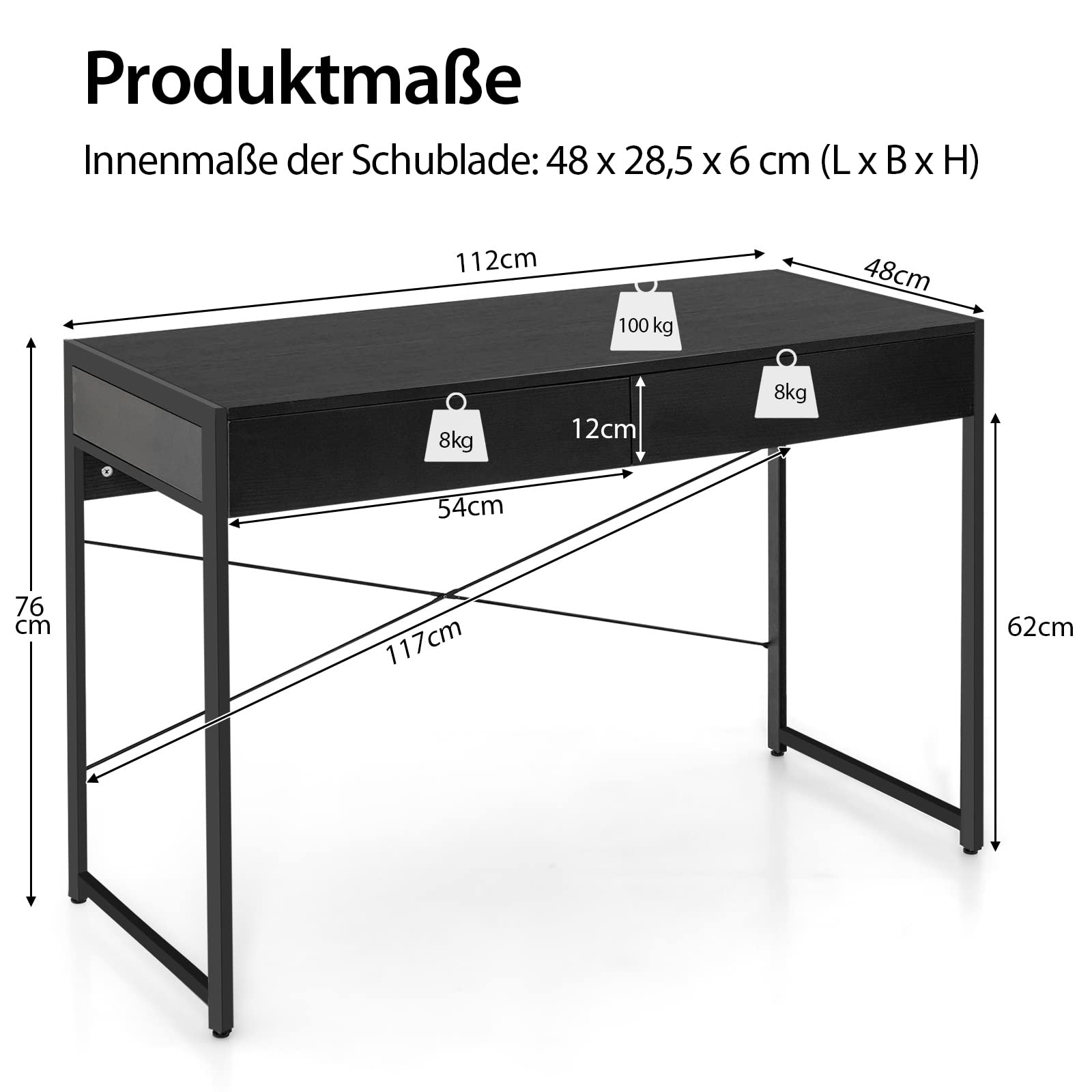 COSTWAY Schreibtisch, Computertisch mit 2 Schubladen, Kleiner Bürotisch, Metall, Industrie-Design, PC Tisch für Arbeitszimmer, Homeoffice, Büro, 112 x 48 x 76 cm (Schwarz)