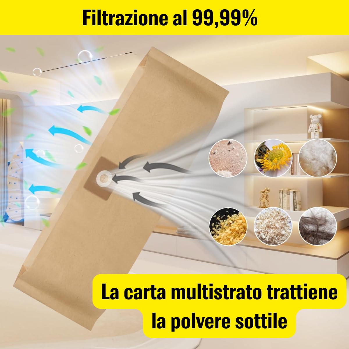 5 sacchetti per aspirapolvere Bosch AdvancedVac 20, compatibili con aspirapolvere a secco Bosch, multistrato, per filtrazione ultra forte del 99,99% (2 609 256 F33)