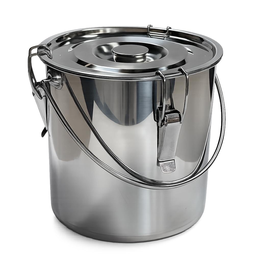 stainless steel metal container with tight lid holding hot charcoal for reuse