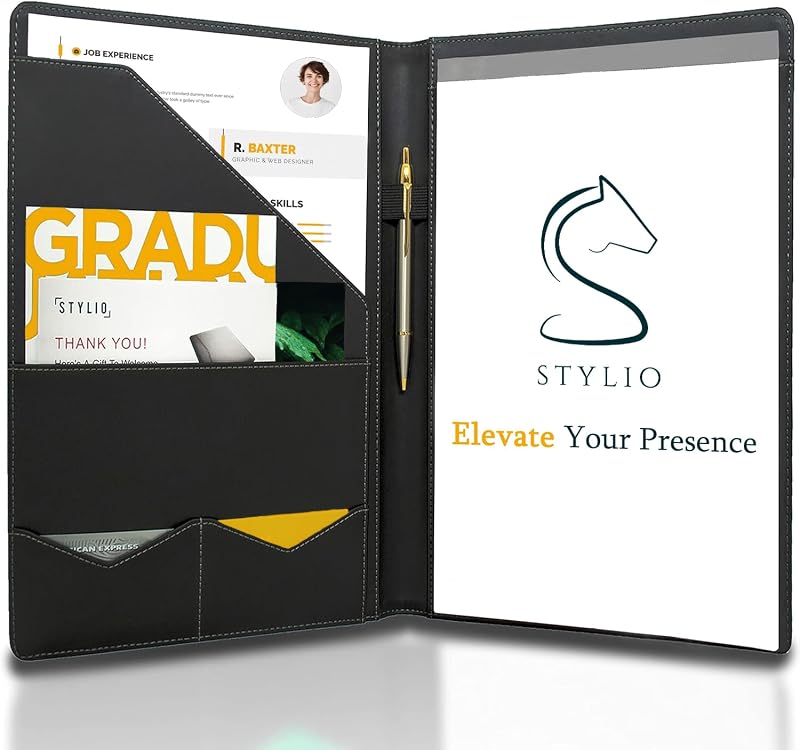 Padfolio Portfolio Organizer Binder | Interview Resume Folder, Legal Document, Business Card Holder |w/Letter-Sized Notepad | Handsome Piano Noir Faux Leather Folio Matte Finish, Accent Stitch