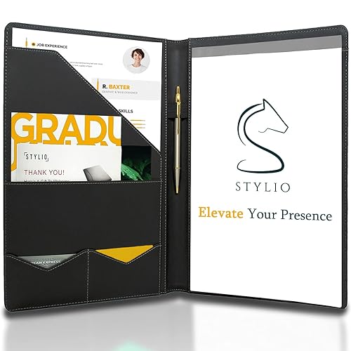 STYLIO Padfolio Portfolio Organizer Binder | Interview Resume Folder, Legal Document, Business Card Holder |w/Letter-Sized Notepad | Handsome Piano Noir Faux Leather Folio Matte Finish, Accent Stitch