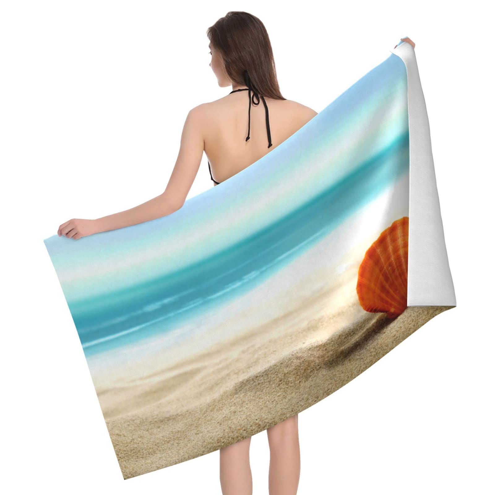 Lawenp Summer Sea Beach Seashell Beach Towel, Lightweight Sand Free Quick Dry Microfiber Absorbent Bath Towel for Kids, Adults, Swimming, Bath, Yoga, Pool, Travel, Camping 32"X52"