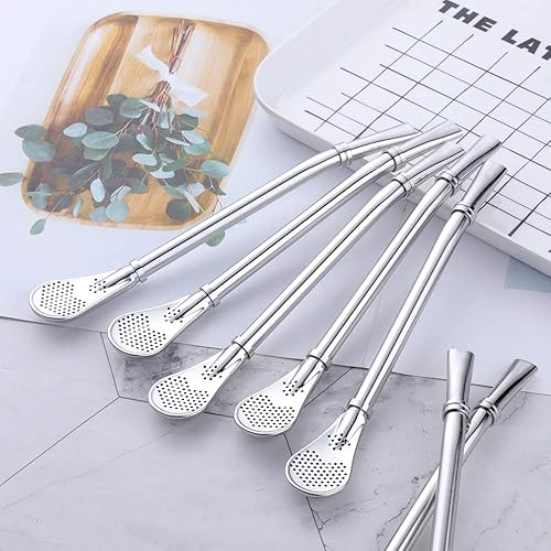 Miniatura 5 de Baikai - Juego de 10 cucharas de metal 3 en 1 para bebidas, filtro de té reutilizable de acero inoxidable 188 para agitar, 6.2 pulgadas (8 popotes +