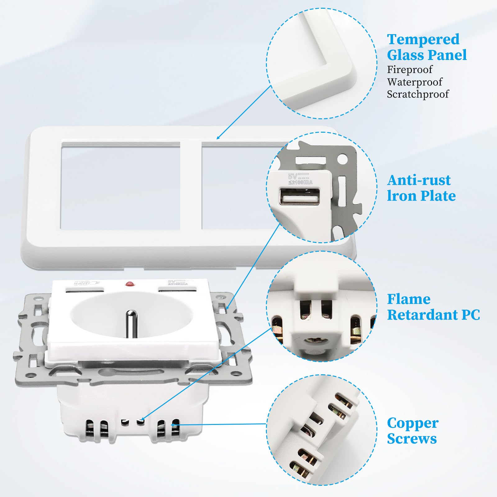 Unterputz-Steckdose Mit 4 USB-Ports & 2 Schukosteckdosen – 16A, Max. 5V/2.1A – Für Wandmontage In Haus & Büro