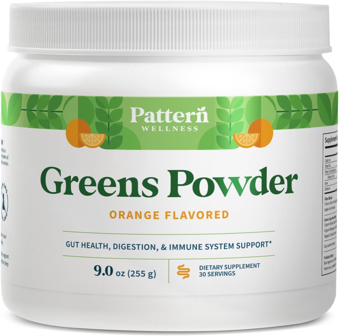 Pattern Wellness Greens Powder Superfood – Complete with Antioxidant, Digestive Enzyme, Fiber, Probiotic, & Adaptogen Blends – Gut, Digestion, & Immune System – 30 Servings – 9.0 oz (Orange Flavor)