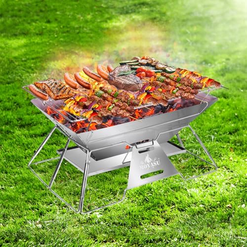 Moyasu Portable Camping Fire Pit, 2-IN-1 Folding Charcoal BBQ Grill Height Adjustable, Stainless Steel Foldable Collapsible BBQ Grill Wood Burning Charcoal with Carrying Bag(50 x 35 x 27cm)