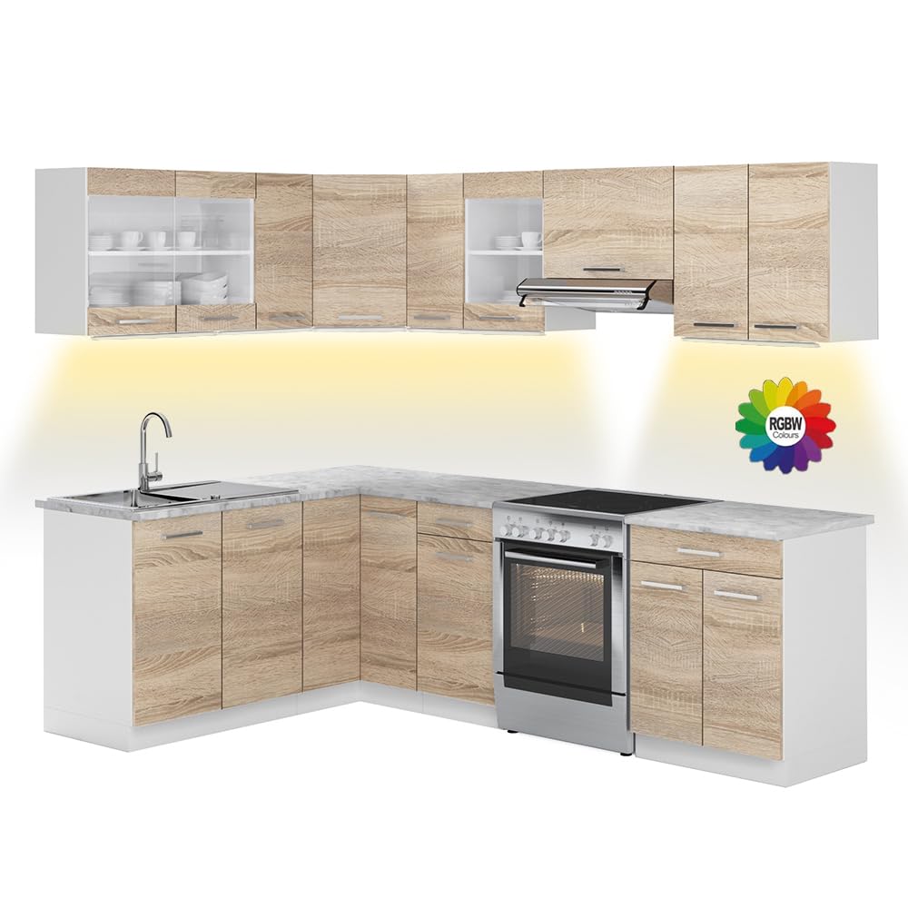 Vicco Eckküche Rick, Sonoma/Weiß, 247 x 167 cm | AP Marmor mit LED-Leisten, mit modularen Elementen flexibel erweiterbar und kombinierbar