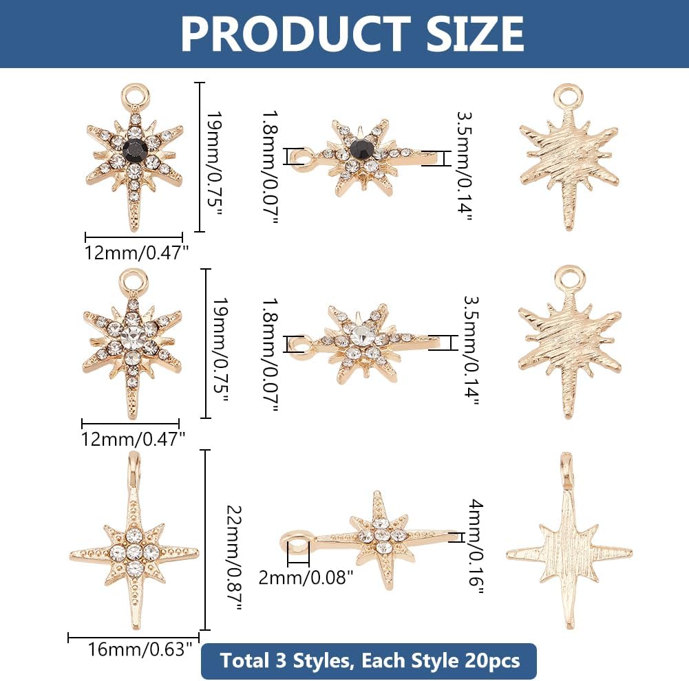 PH PandaHall 60pcs Star Charms North Star Cubic Zironia Pandent 3 Style Star Pendant 8 Pointed Star Charm Rhinestone Pendant for Making Bracelets Necklace Jewelry - Image 2