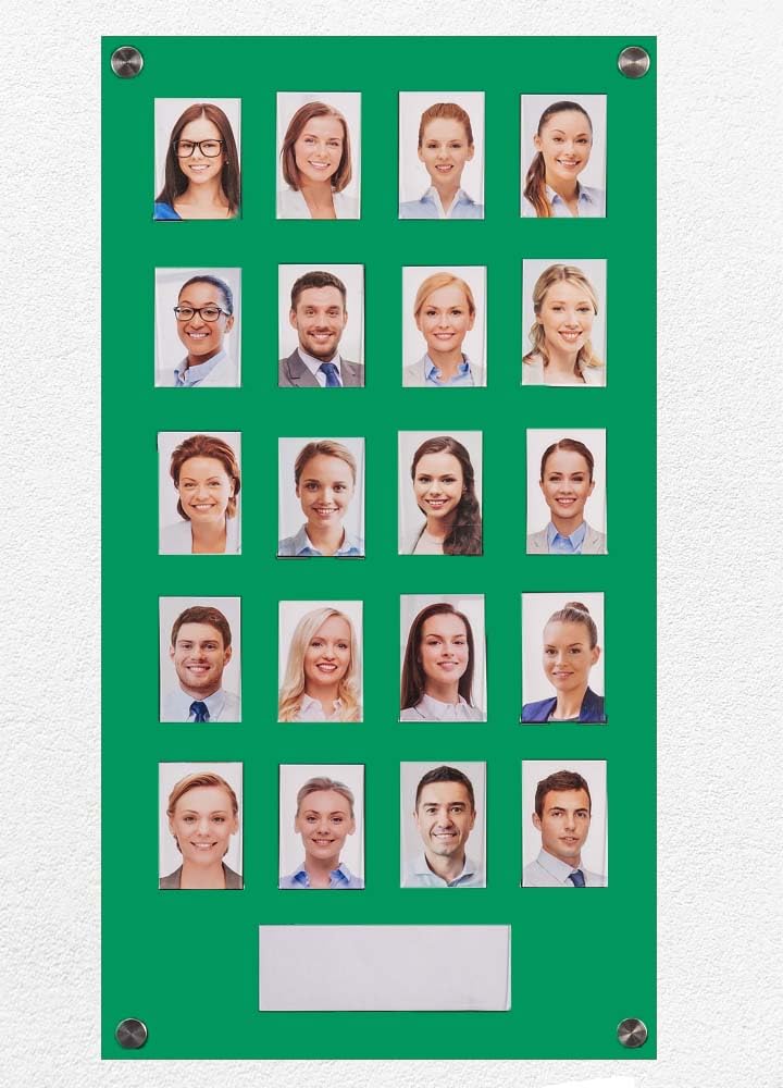 Get Acrylic Photo Frames - Green 20 Pocket Image Staff, Student, Employee Display Board With Pocket Header. 605mm Height x 328mm Width (60.5cm x 32.8cm)