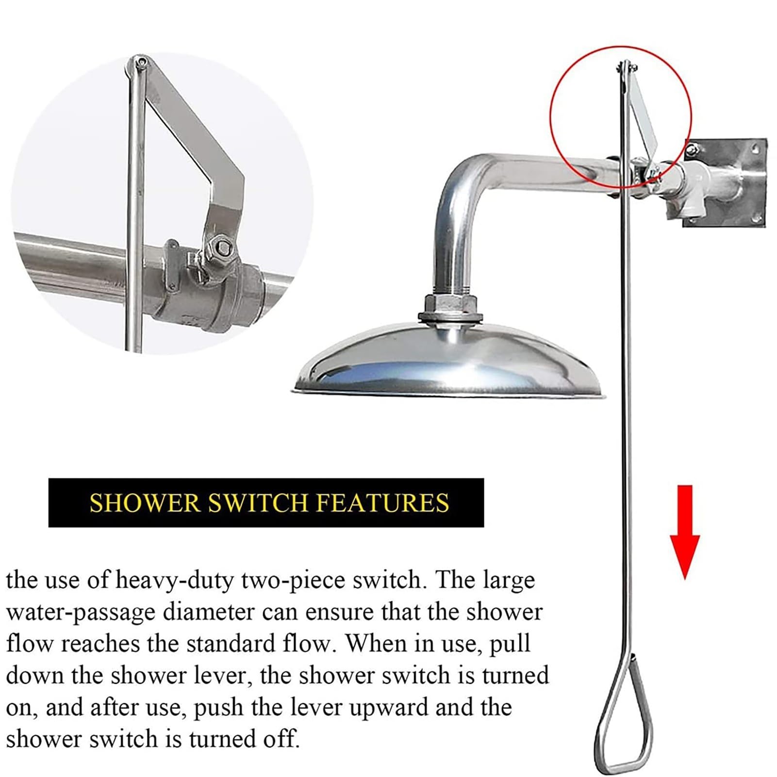 Ducha de emergencia montada en la pared con cabezal de acero inoxidable - Estación de riego horizontal compatible con lavaojos para fábrica de laboratorio